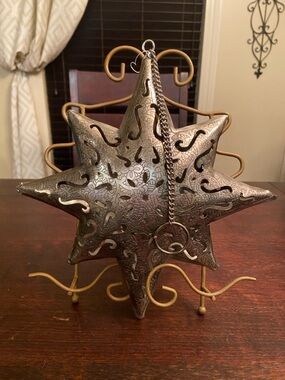 Decorative Star Metal Hanging Lantern - Silver Finish